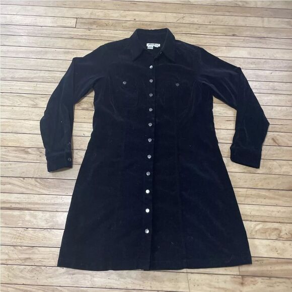 VTG EDDIE BAUER Velvet Shirt Dress Womens Snap Button Long Sleeve Collar Black L - Picture 9 of 13